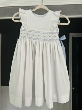 Edgehill Collection White Girls' Dress with Light Blue Smocking
